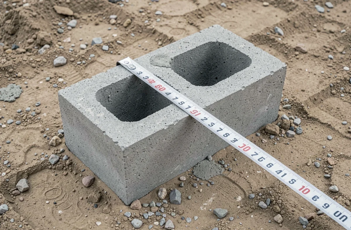 Gros plan d'un parpaing 20x20x50 avec un mètre ruban mesurant sa longueur sur un chantier de construction