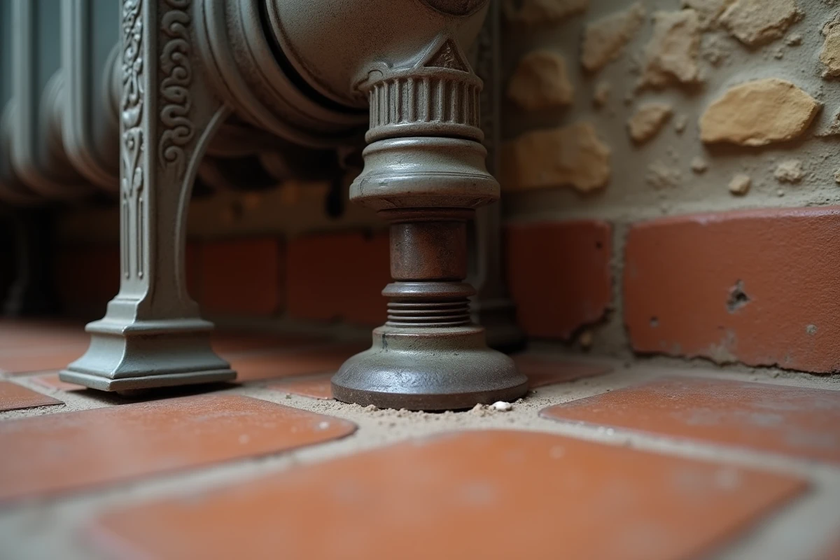Gros plan sur le mécanisme de réglage d'un pied en fonte sous un radiateur décoratif ancien sur carrelage tomette en maison de campagne