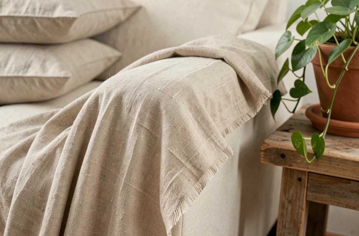 Gros plan sur la texture d'un jeté en lin lavé beige posé sur un canapé avec coussin naturel et plante verte en arrière-plan