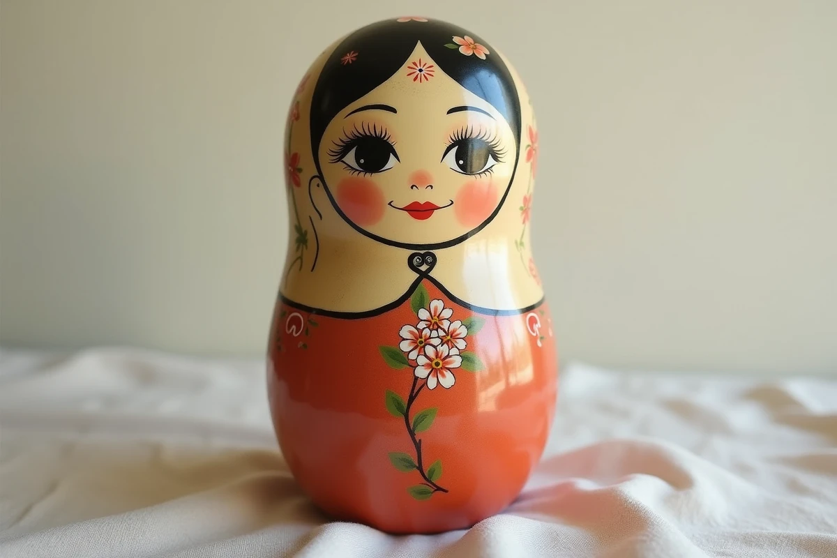 Gros plan sur le visage peint à la main d'une poupée matriochka authentique montrant les détails des coups de pinceau et du vernis artisanal