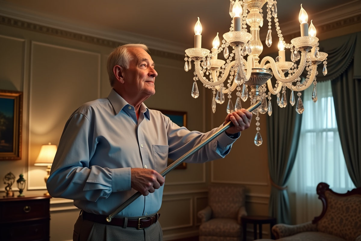 Homme en chemise ajuste un chandelier en cristal ancien