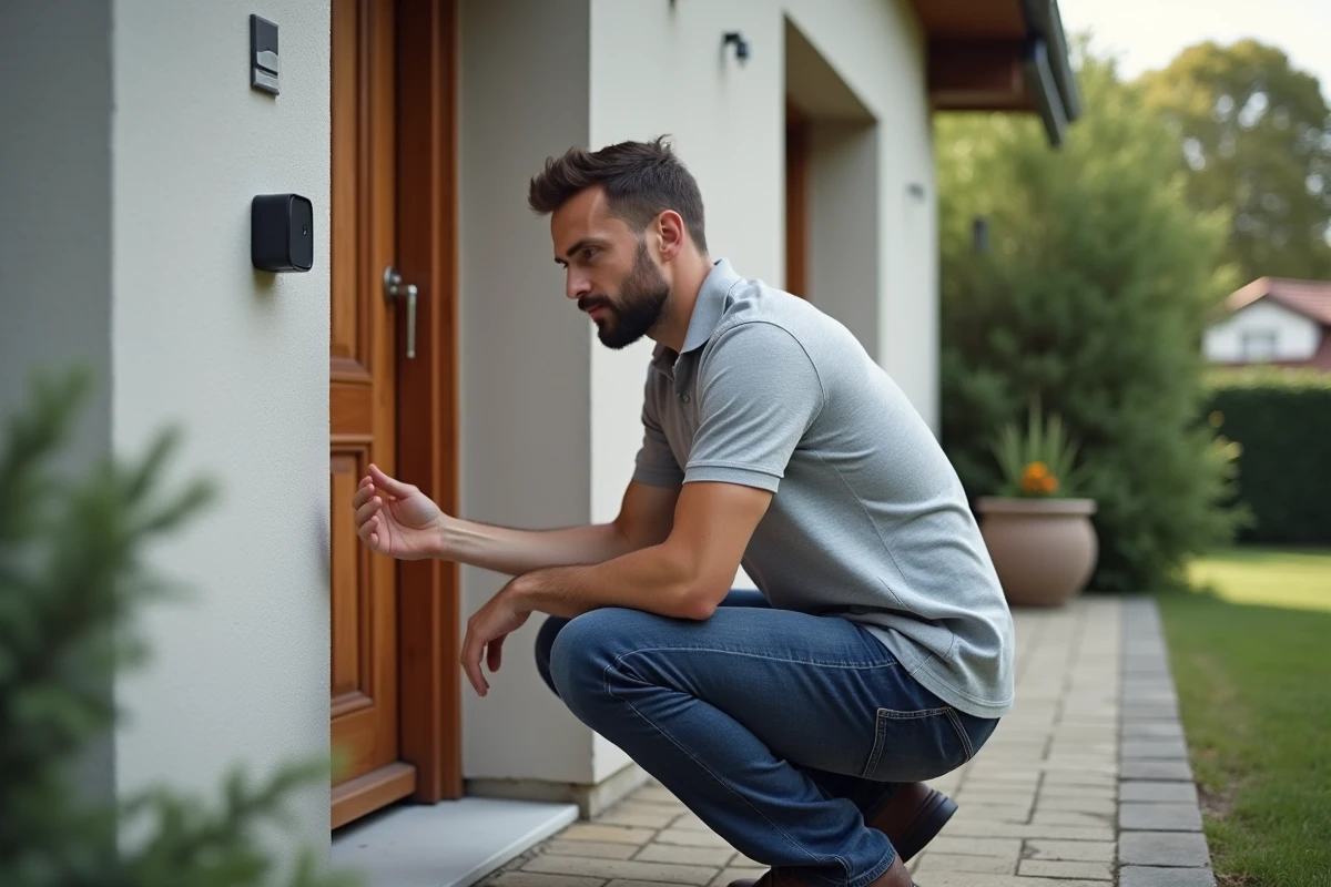 Homme inspectant un capteur de sécurité sans fil sur une porte d'entrée de maison individuelle, installation système alarme maison