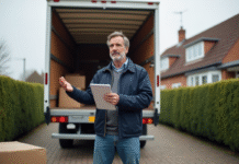 Homme d'âge moyen devant un camion de déménagement en extérieur