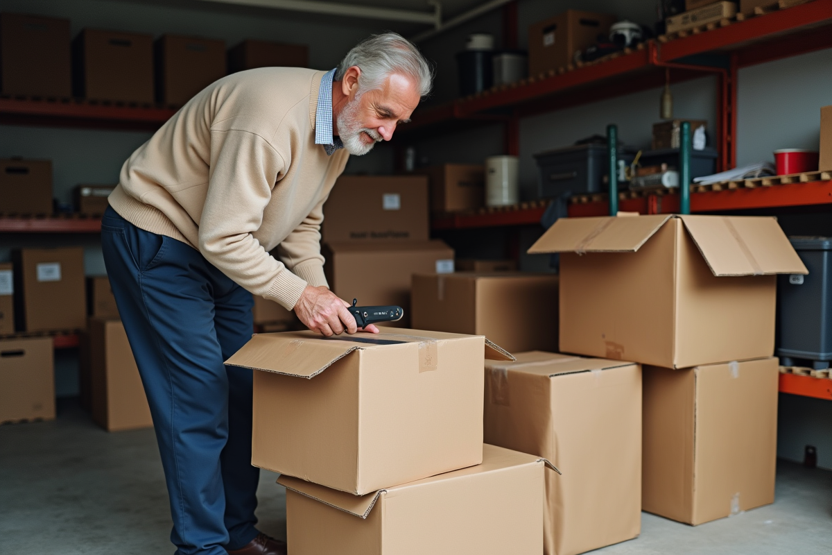 Homme âgé réduit des cartons dans son garage