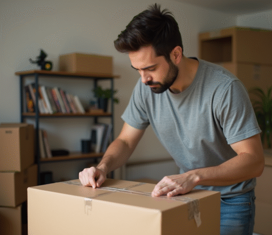 Déménager fréquemment : avantages, inconvénients et conseils pratiques Homme emballant une box de demenagement dans un appartement