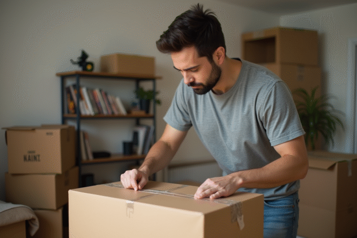 Homme emballant une box de demenagement dans un appartement