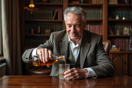 Homme d'âge moyen versant du whisky dans un verre en cristal