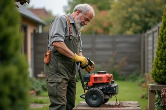 Homme en overalls verse de l'huile dans un moteur de coupe bordure dans un jardin