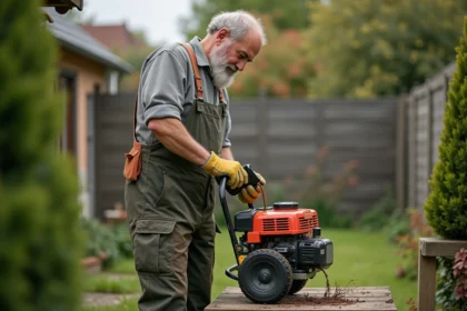Homme en overalls verse de l'huile dans un moteur de coupe bordure dans un jardin
