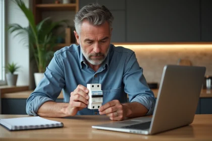 Homme d'âge moyen inspectant un disjoncteur différentiel dans sa cuisine