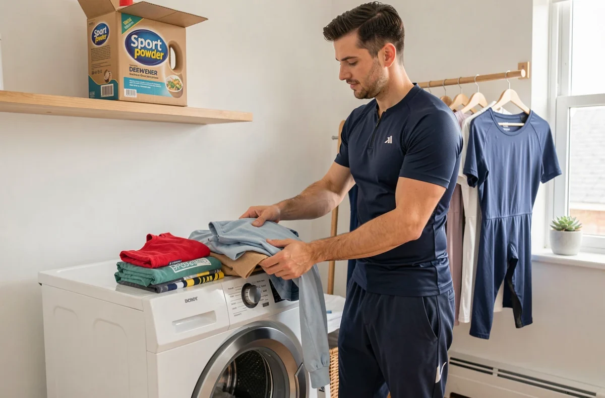 Homme sortant du linge de sport propre avec une lessive en poudre spéciale sport sur l'étagère