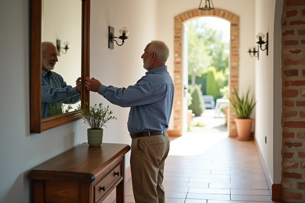 Homme âgé posant un miroir rectangulaire dans un couloir lumineux