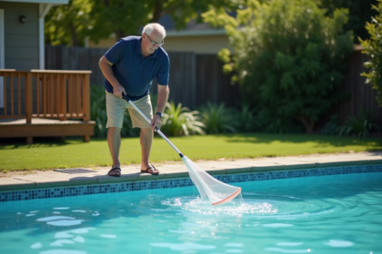 Homme d'âge moyen nettoyant une piscine hors sol