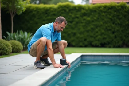 Homme vérifiant le filtre de la piscine dans un jardin