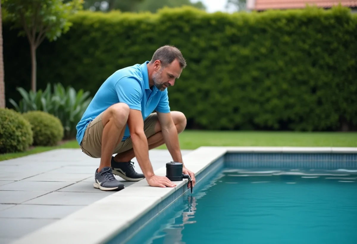 Homme vérifiant le filtre de la piscine dans un jardin