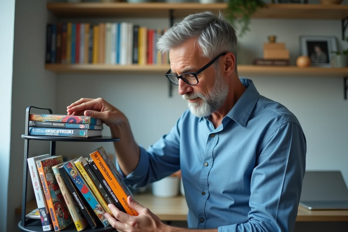 Homme organise des mangas colorés sur une étagère dans un bureau moderne