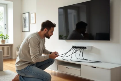 Homme arrangeant câbles TV dans un salon moderne