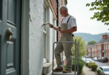 Hommes en tenue de peintre appliquant de la peinture blanche sur une façade