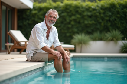 Homme d'âge moyen sur terrasse de piscine moderne
