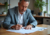 Homme d'âge moyen remplissant des formulaires fiscaux de construction