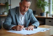 Homme d'âge moyen remplissant des formulaires fiscaux de construction