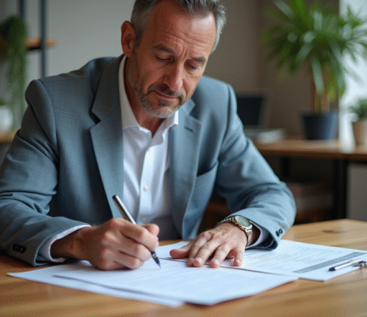 Taxe construction extension : comment la déclarer et la payer en toute légalité ? Homme d'âge moyen remplissant des formulaires fiscaux de construction