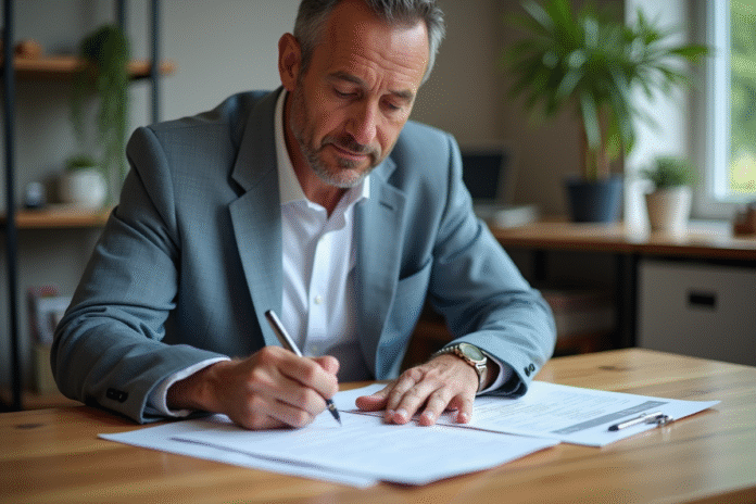 Homme d'âge moyen remplissant des formulaires fiscaux de construction
