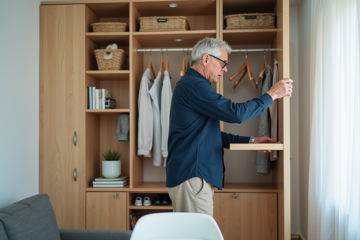 Homme pliant une table dans un studio moderne bien organisé