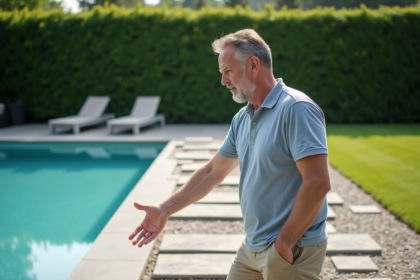 Homme examine pavés autour d'une piscine moderne dans le jardin