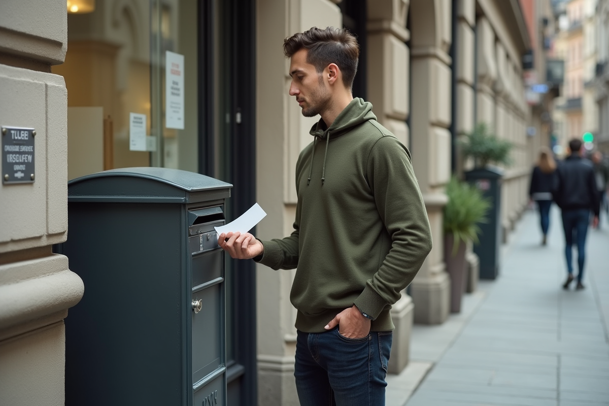 Jeune homme déposant une lettre dans une boîte aux lettres en ville