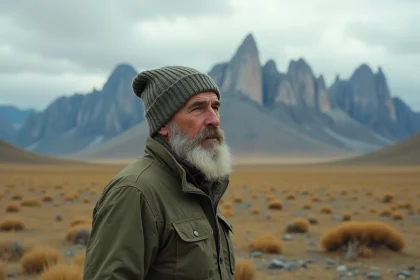 Homme aux cheveux gris en veste de terrain contemplant les paysages sauvages de Patagonie sous un ciel nuageux dramatique