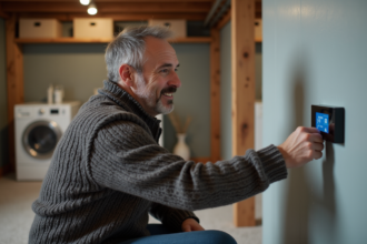 Homme d'âge moyen réglant un thermostat numérique dans un sous-sol organisé