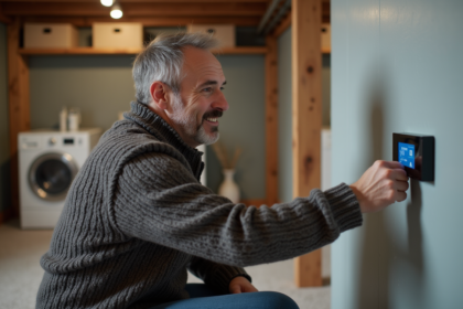 Homme d'âge moyen réglant un thermostat numérique dans un sous-sol organisé