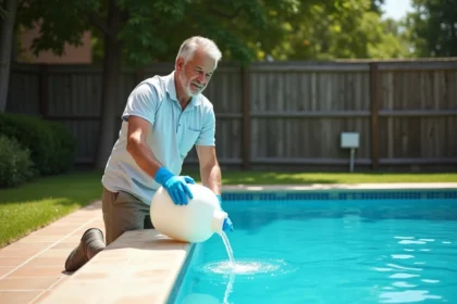 Homme d'âge moyen versant de l'eau dans une piscine bleue extérieure