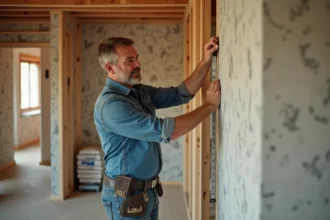 Homme mesurant un mur dans une maison en rénovation