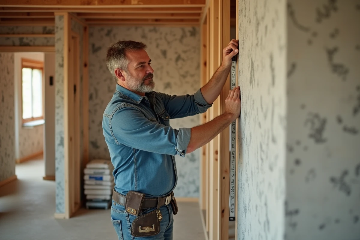 Homme mesurant un mur dans une maison en rénovation