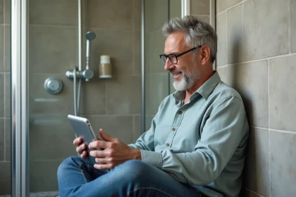 Homme d'âge moyen dans une salle de bain moderne étudie une douche