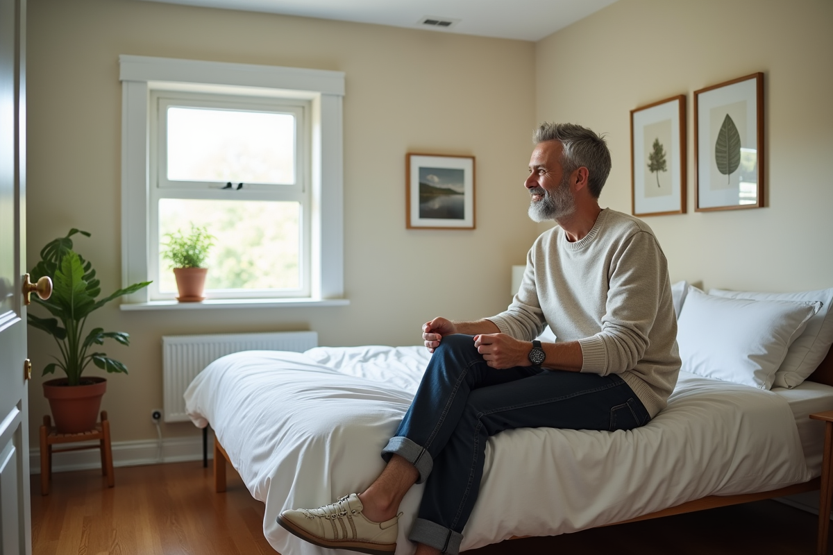 Homme appréciant la nouvelle couleur de mur dans sa chambre lumineuse