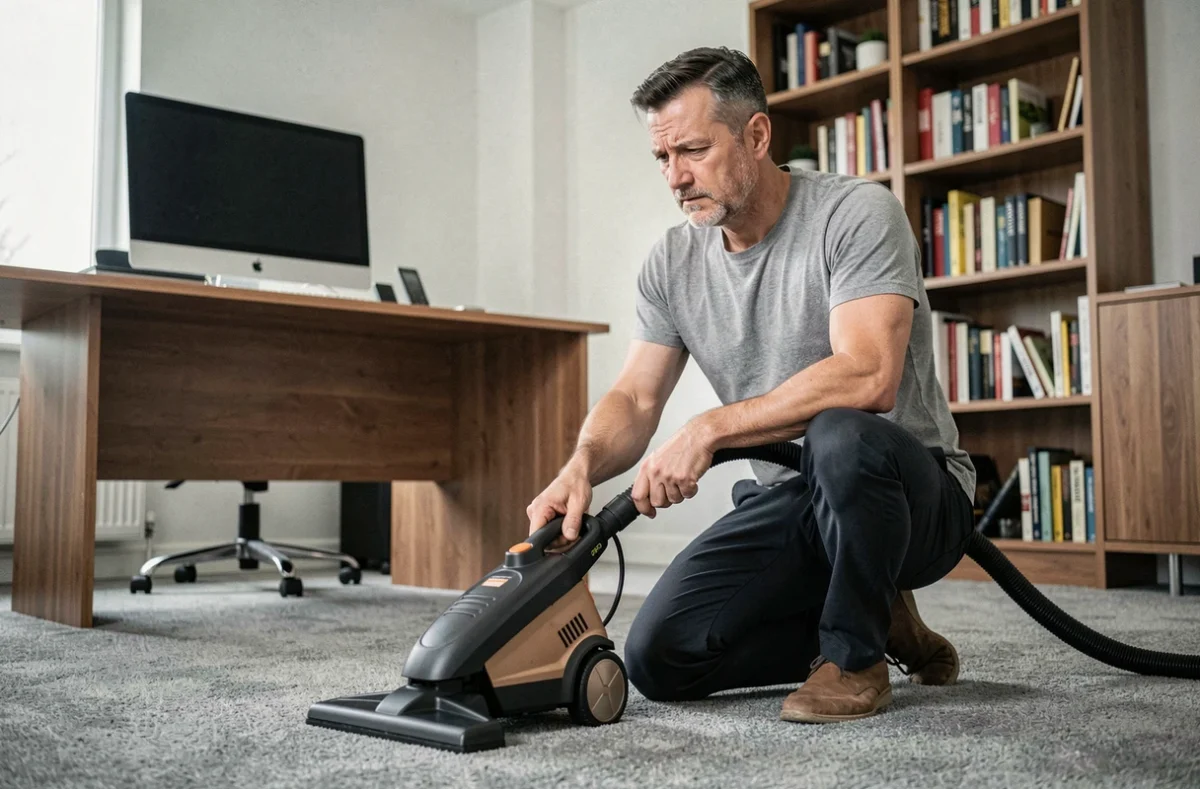 Homme utilisant une shampouineuse sur moquette grise dans un bureau à domicile moderne