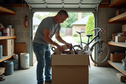 Homme triant des cartons et des outils dans un garage encombré avant un débarras