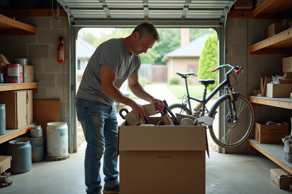 Homme triant des cartons et des outils dans un garage encombré avant un débarras