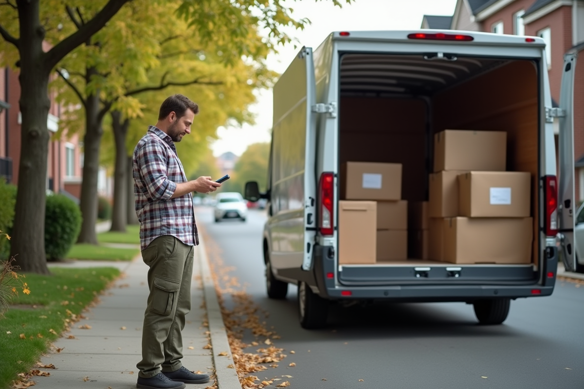 Homme vérifiant son téléphone près d’un camion de déménagement