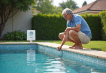 Alarmes de piscine : normes et règles techniques essentielles à connaître Homme vérifiant un alarme de piscine extérieure