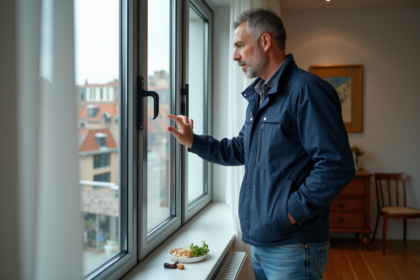 Homme d'âge moyen examine une fenêtre double vitrage dans un salon