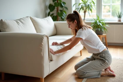 Femme examinant une housse matelassée mal ajustée sur un clic-clac avec des plis visibles sur l'accoudoir