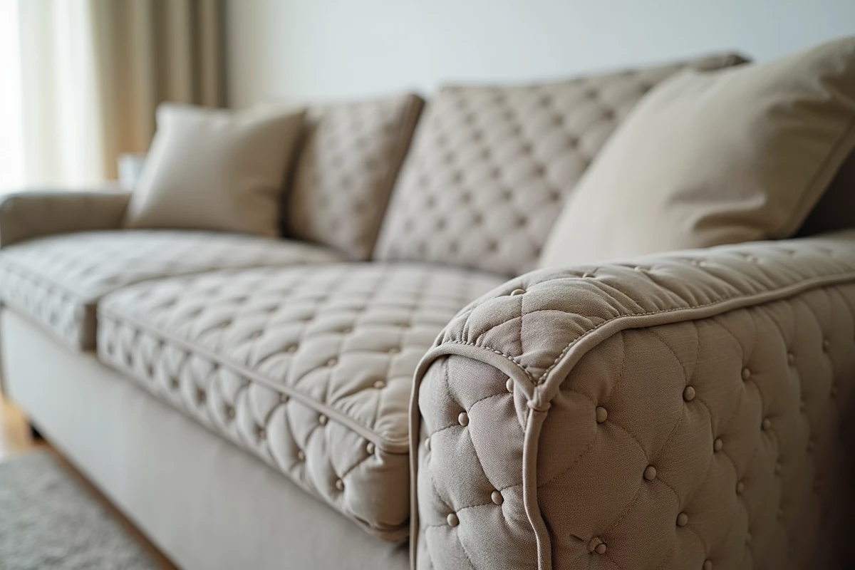 Gros plan sur les coutures abîmées et l'élastique détendu d'une housse matelassée pour clic-clac