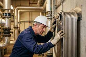 Ingénieur industriel inspectant un échangeur thermique à plaques en acier inoxydable dans une usine