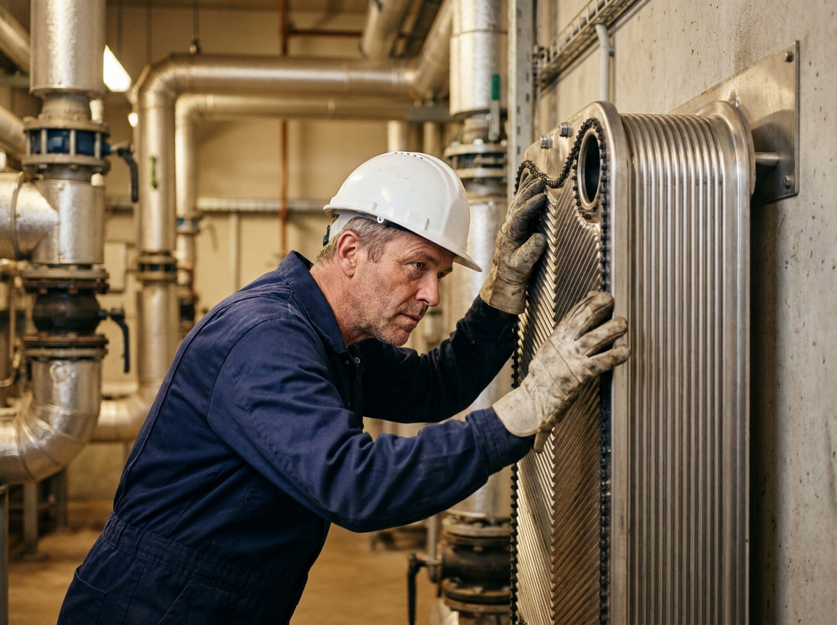 Ingénieur industriel inspectant un échangeur thermique à plaques en acier inoxydable dans une usine