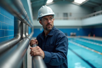 Ingénieur inspectant des tuyaux en acier inoxydable près d'une piscine olympique
