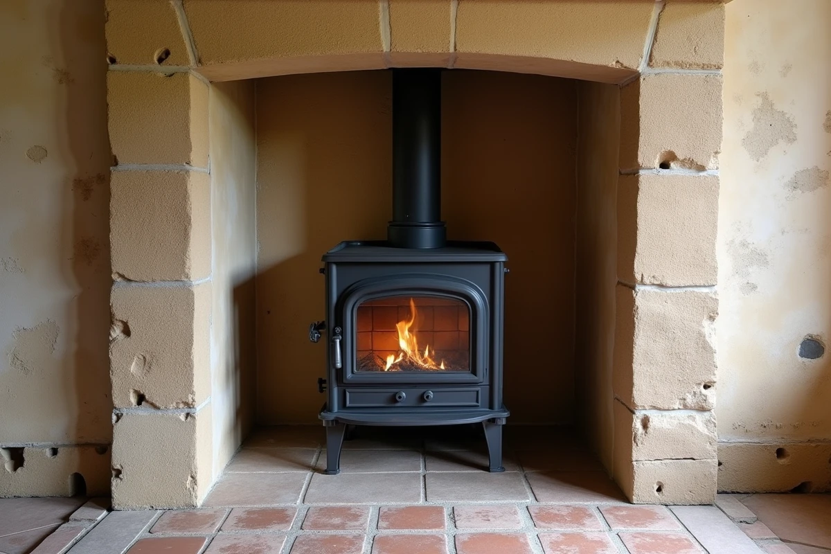 Insert à granulés en fonte noire positionné dans une ancienne cheminée en pierre de style maison de campagne française